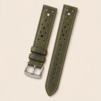 Olive Rally Waxed Leather Watch Strap leather watch strap, flat lay