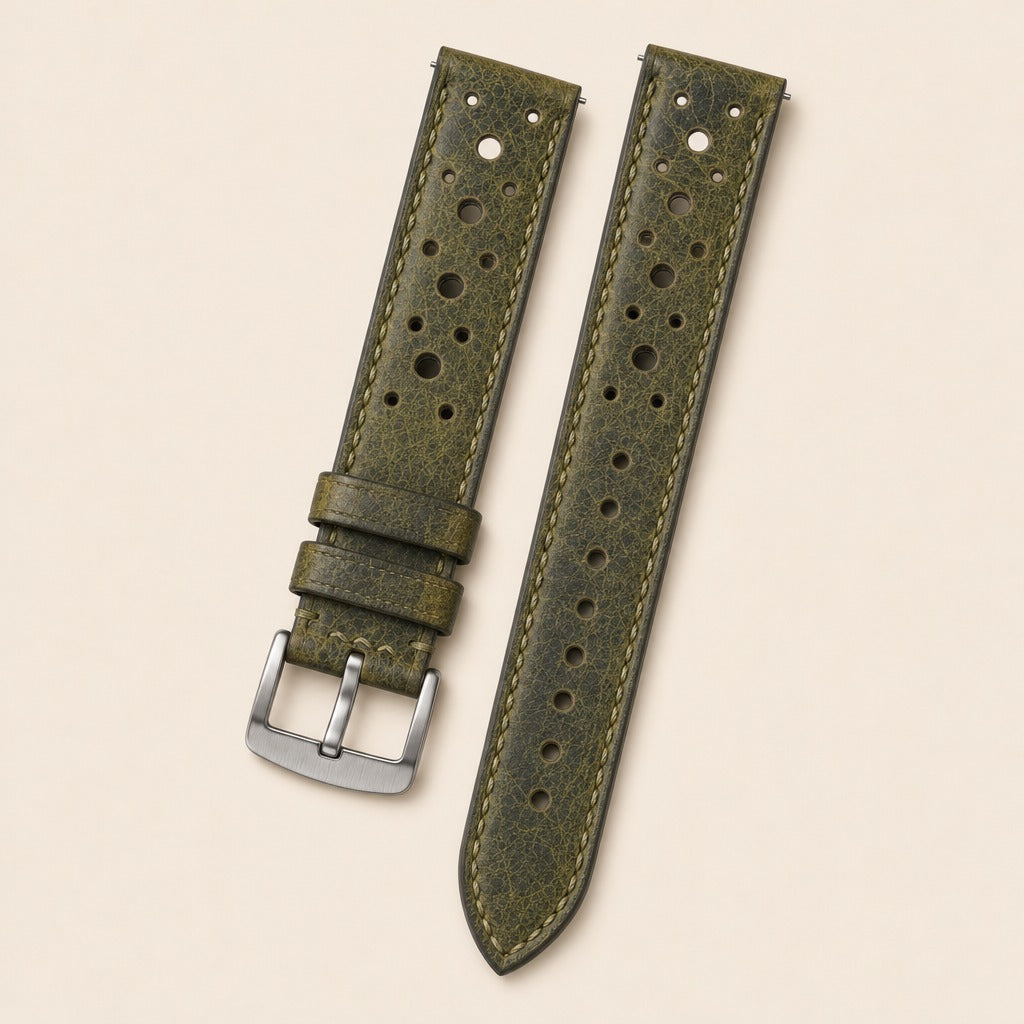 Olive Rally Waxed Leather Watch Strap leather watch strap, flat lay