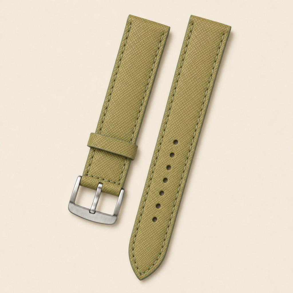 Olive Saffiano Leather Watch Strap leather watch strap, flat lay