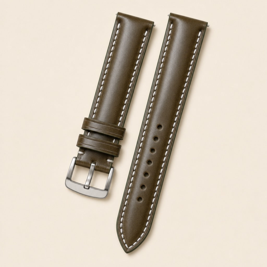 Olive Shell Cordovan Leather Watch Strap leather watch strap, flat lay