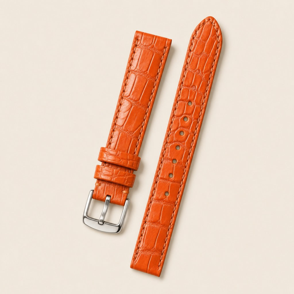 Orange Alligator Leather Watch Strap leather watch strap, flat lay