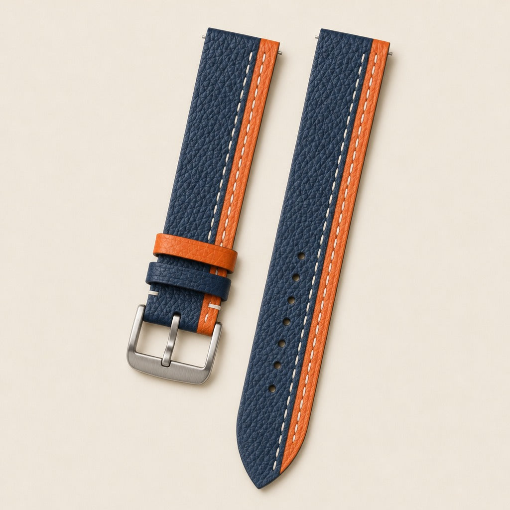 Orange & Navy Epsom Leather Watch Strap leather watch strap, flat lay