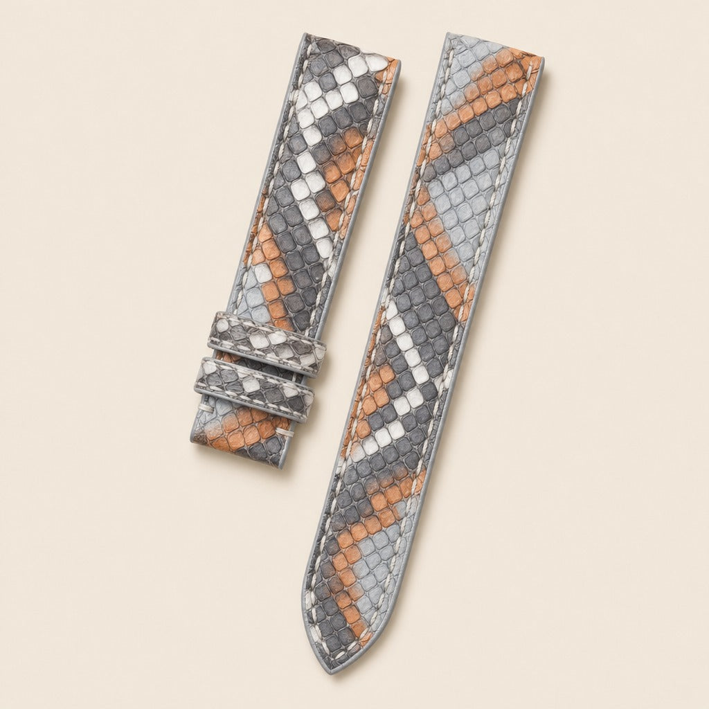 Orange Gray Python Leather Watch Strap leather watch strap, flat lay