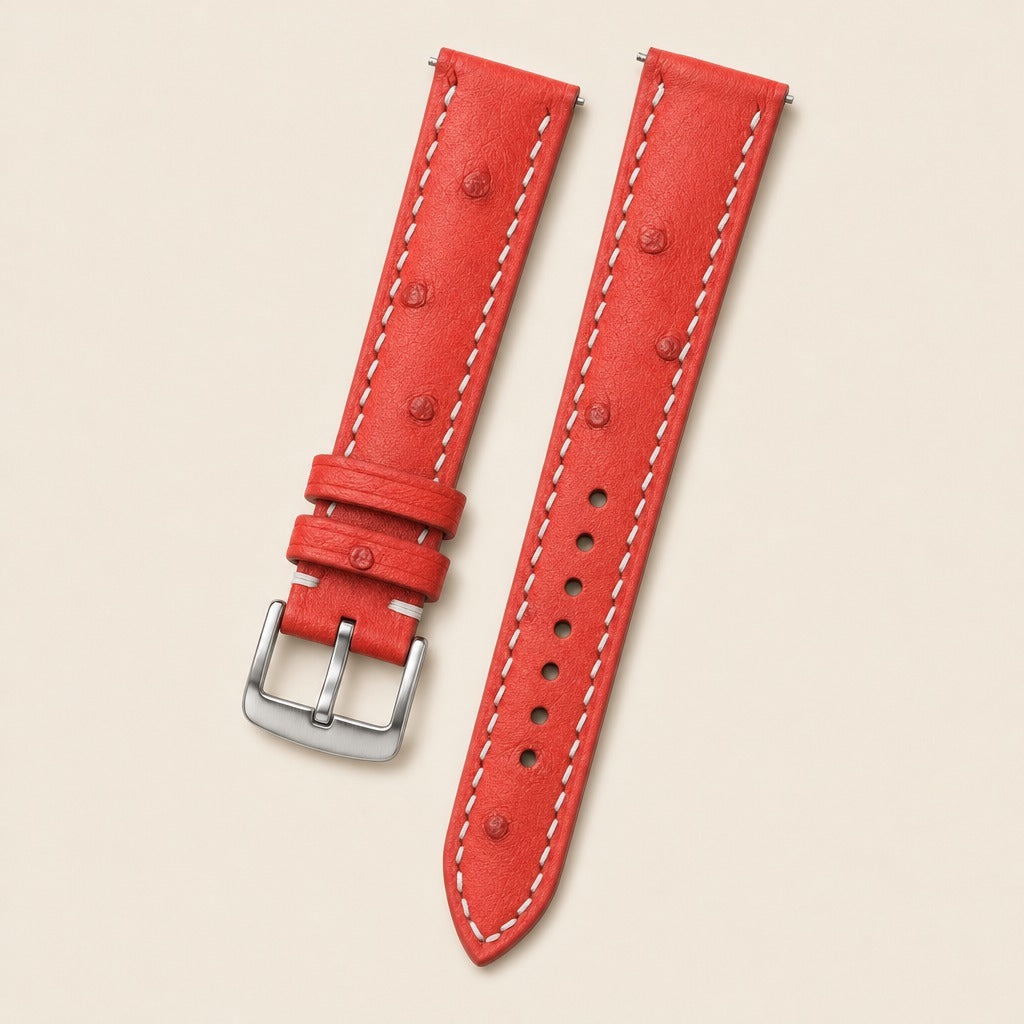 Orange Red Ostrich Leather Watch Strap leather watch strap, flat lay