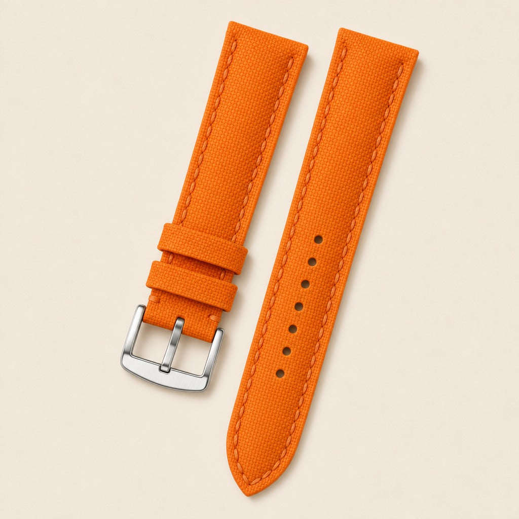 Orange Sailcloth Rubber Watch Strap leather watch strap, flat lay
