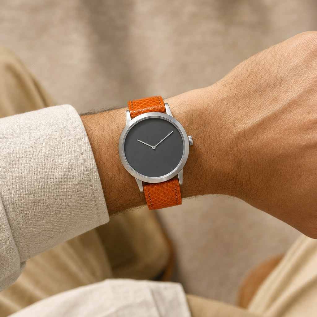 Orange Sea Snake Leather Watch Strap worn on the wrist