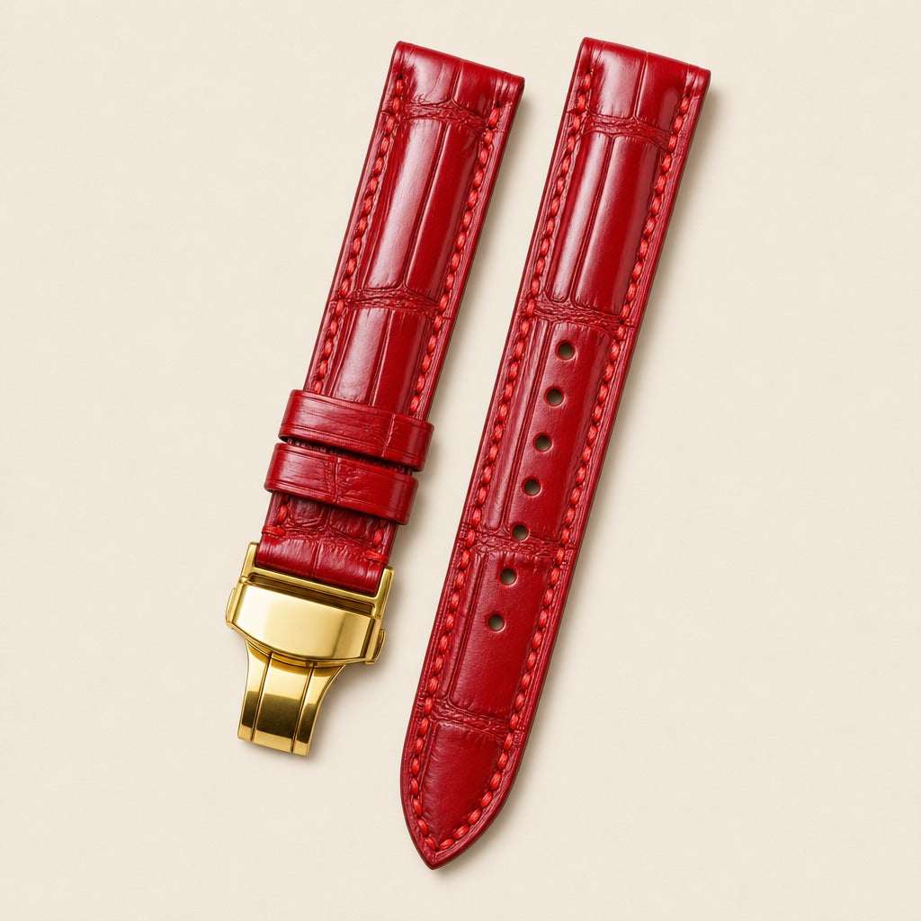 Oxblood Burgundy Alligator Leather Watch Strap leather watch strap, flat lay