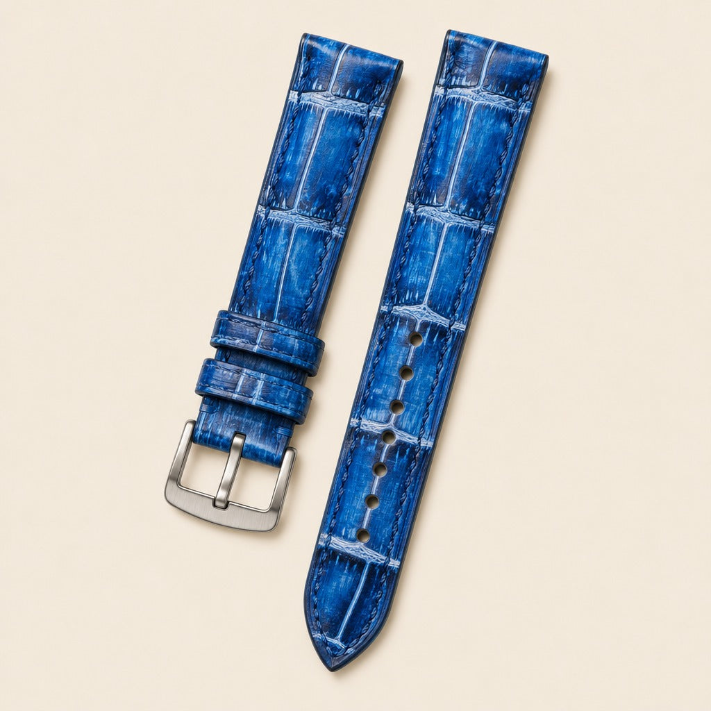 Patina Blue & Light Blue Alligator Leather Watch Strap 18mm leather watch strap, flat lay