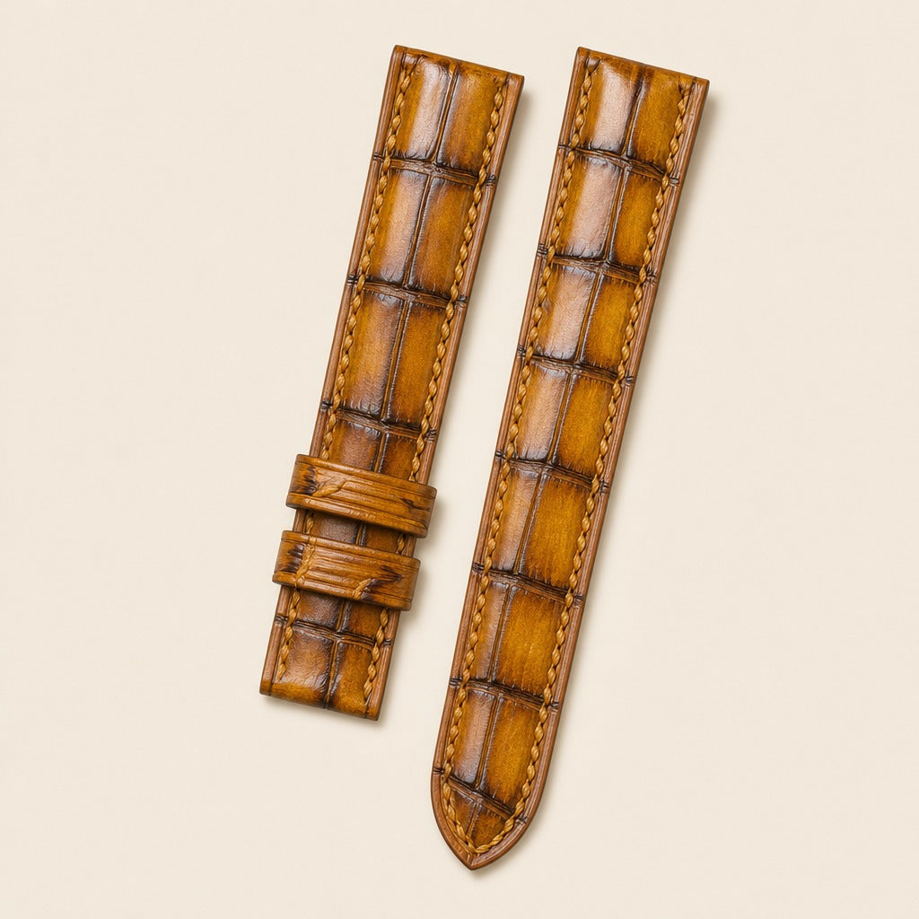 Patina Brown Alligator Leather Watch Strap 18mm leather watch strap, flat lay