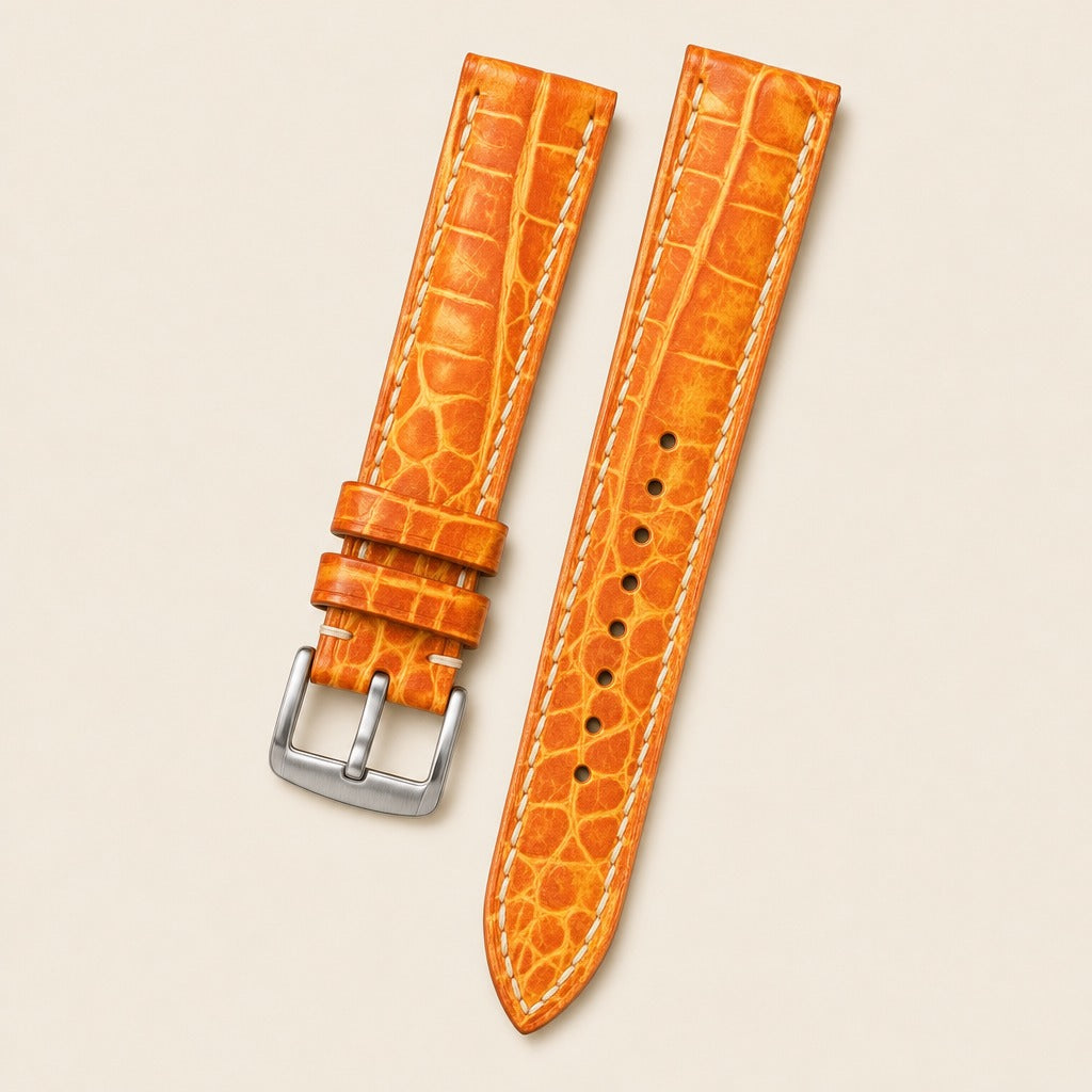 Patina Orange Alligator Leather Watch Strap 18mm leather watch strap, flat lay