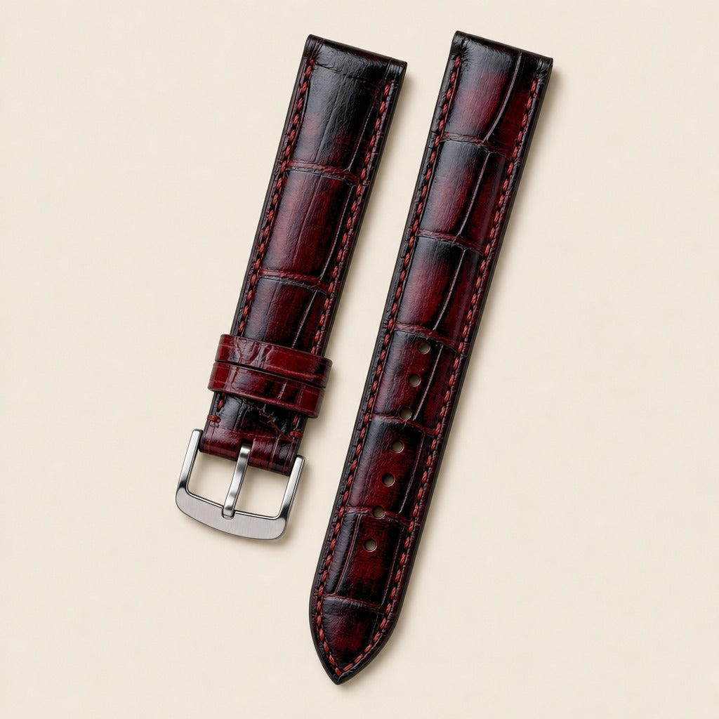 Patina Red Alligator Leather Watch Strap 18mm leather watch strap, flat lay