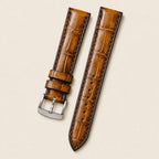 Patina Tan Brown Alligator Leather Watch Strap 18mm leather watch strap, flat lay