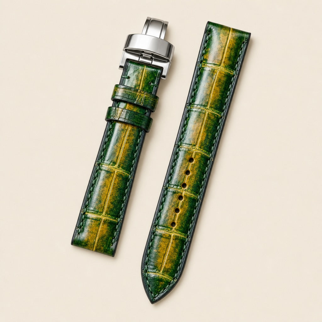 Patina Tan Green Alligator Leather Watch Strap 18mm leather watch strap, flat lay