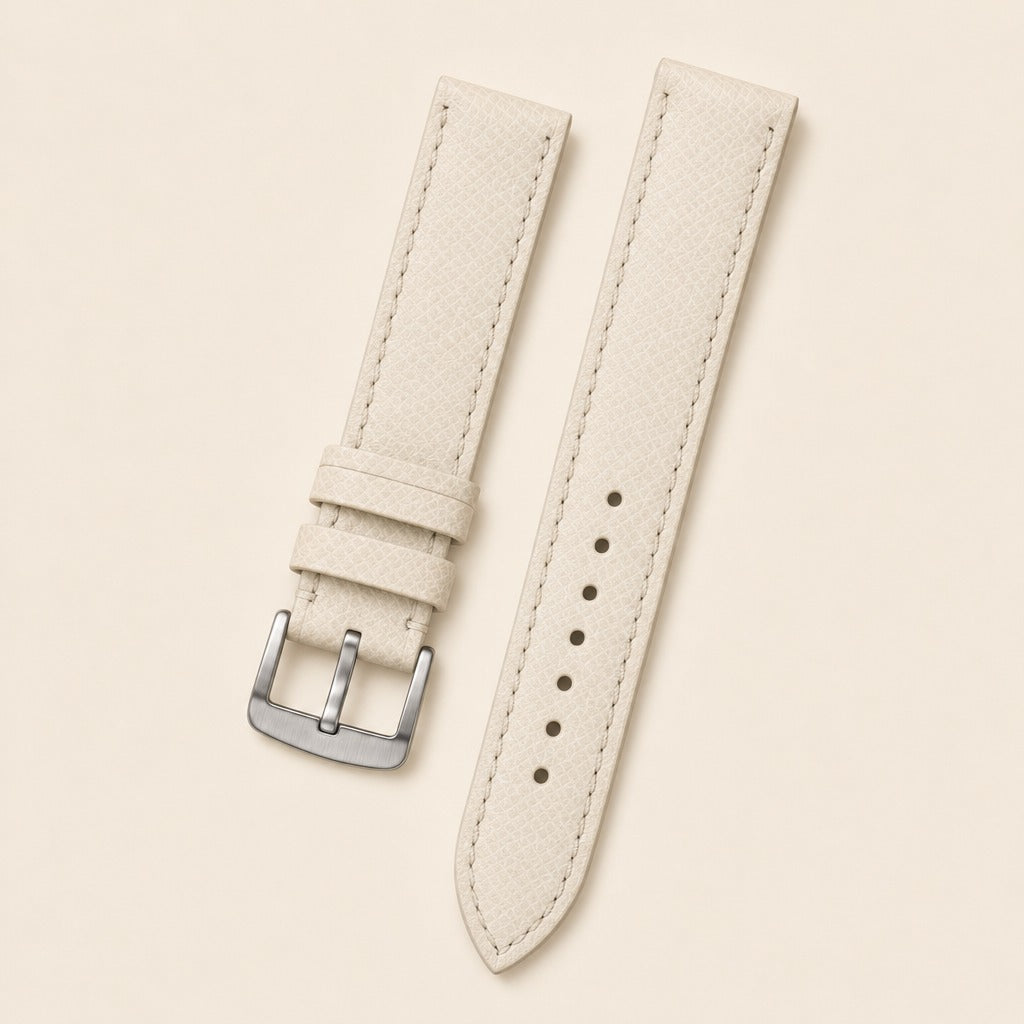 Pearl White Epsom Leather Watch Strap leather watch strap, flat lay
