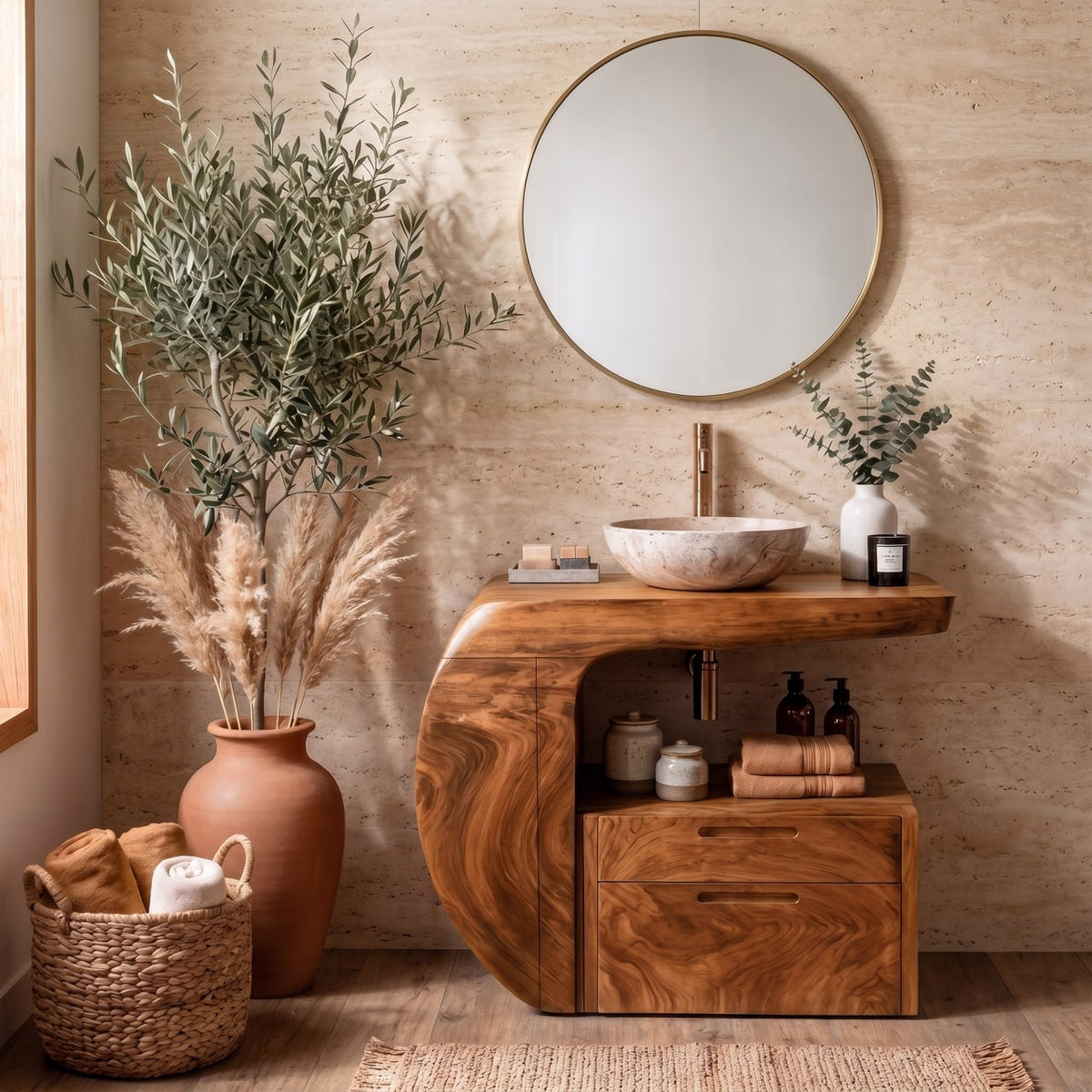 Modern Organic Wood Bathroom Vanity with Open Shelf Cabinet in Brown finish