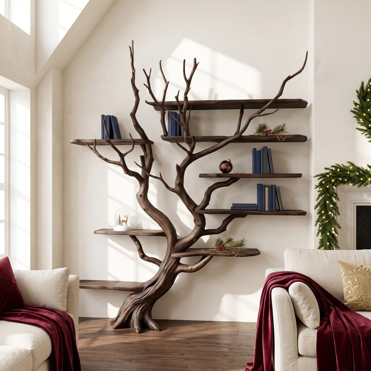 Driftwood Tree Branch Floating Bookshelf for Living Room Walls in Walnut finish