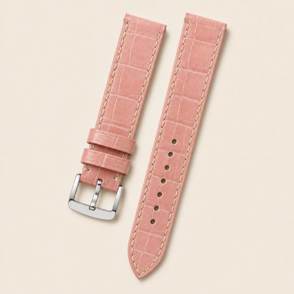 Pink Alligator Leather Watch Strap leather watch strap, flat lay