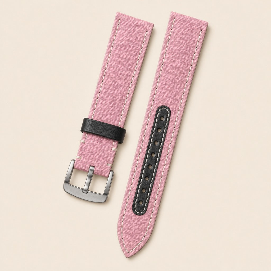Pink Canvas Watch Strap leather watch strap, flat lay