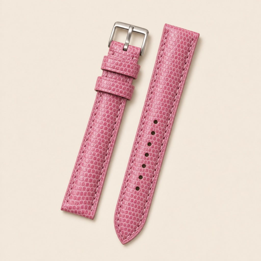 Pink Lizard Leather Watch Strap leather watch strap, flat lay