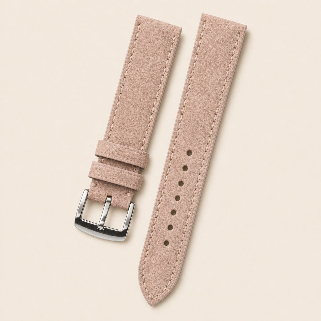 Pink Suede Leather Watch Strap leather watch strap, flat lay