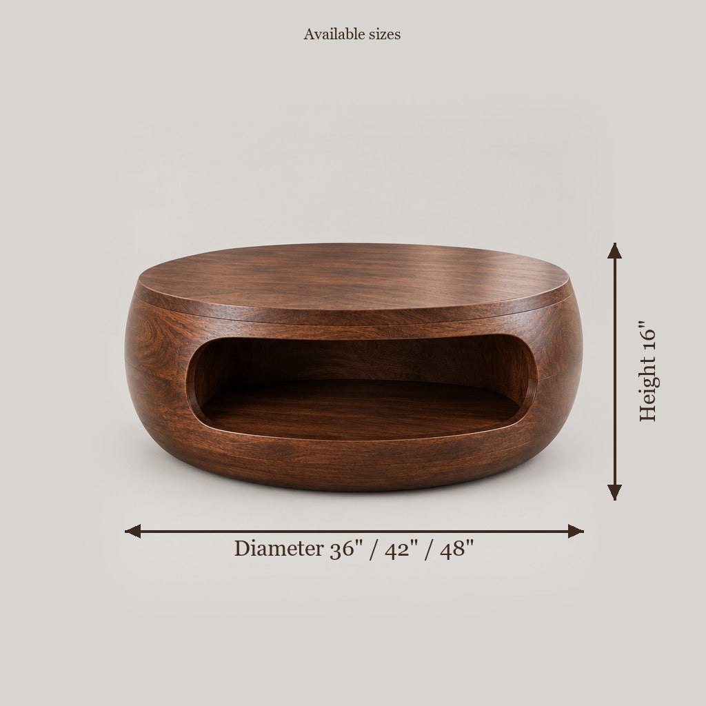 Atelier Drum Round Coffee Table with Shelf size chart