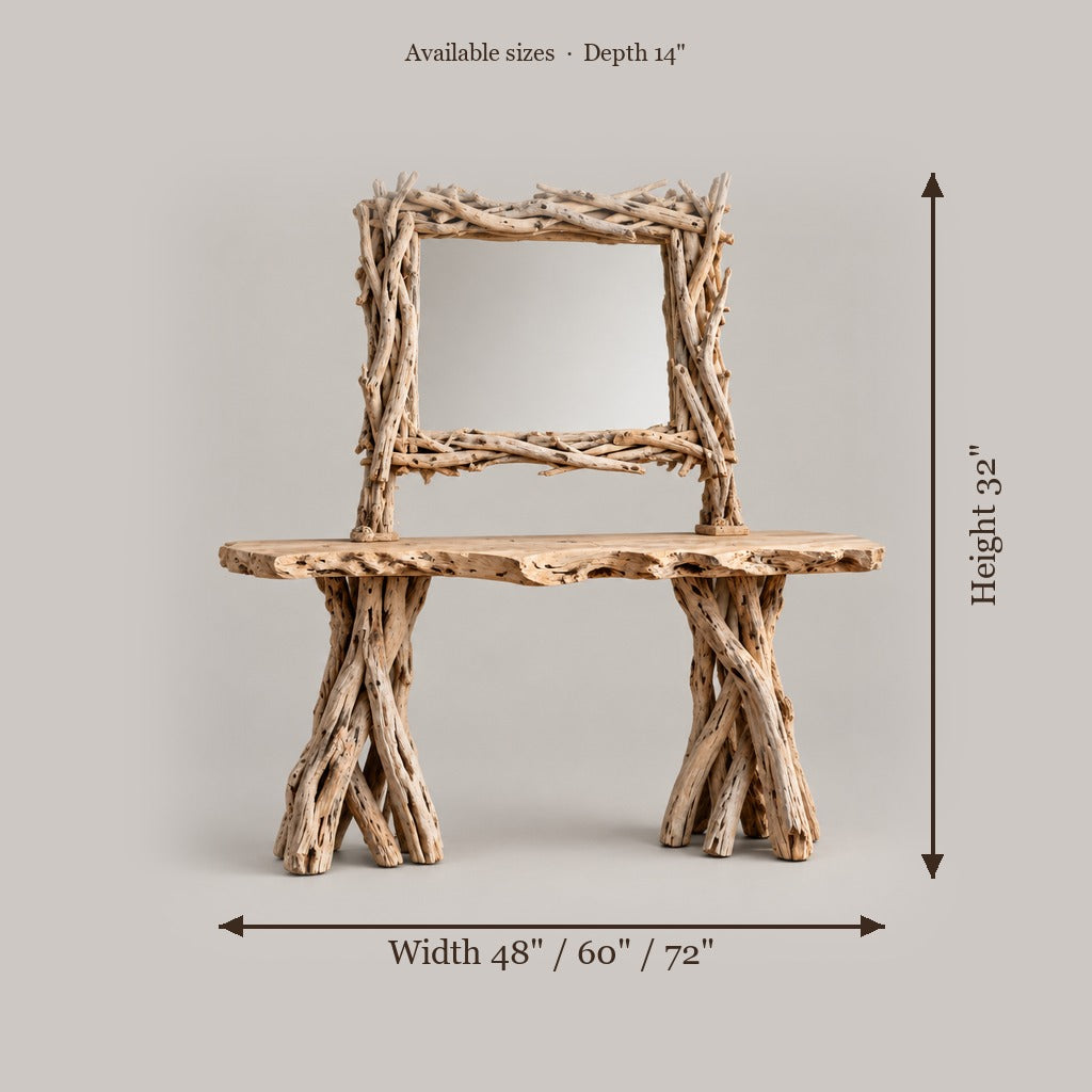 Tidewood Driftwood Console and Mirror Set size chart