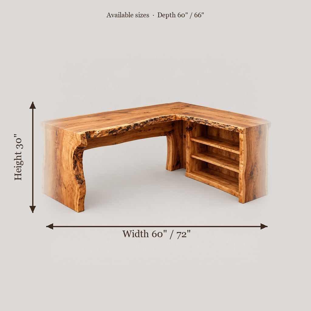 Riverbend Live-Edge L-Desk with Shelves size chart