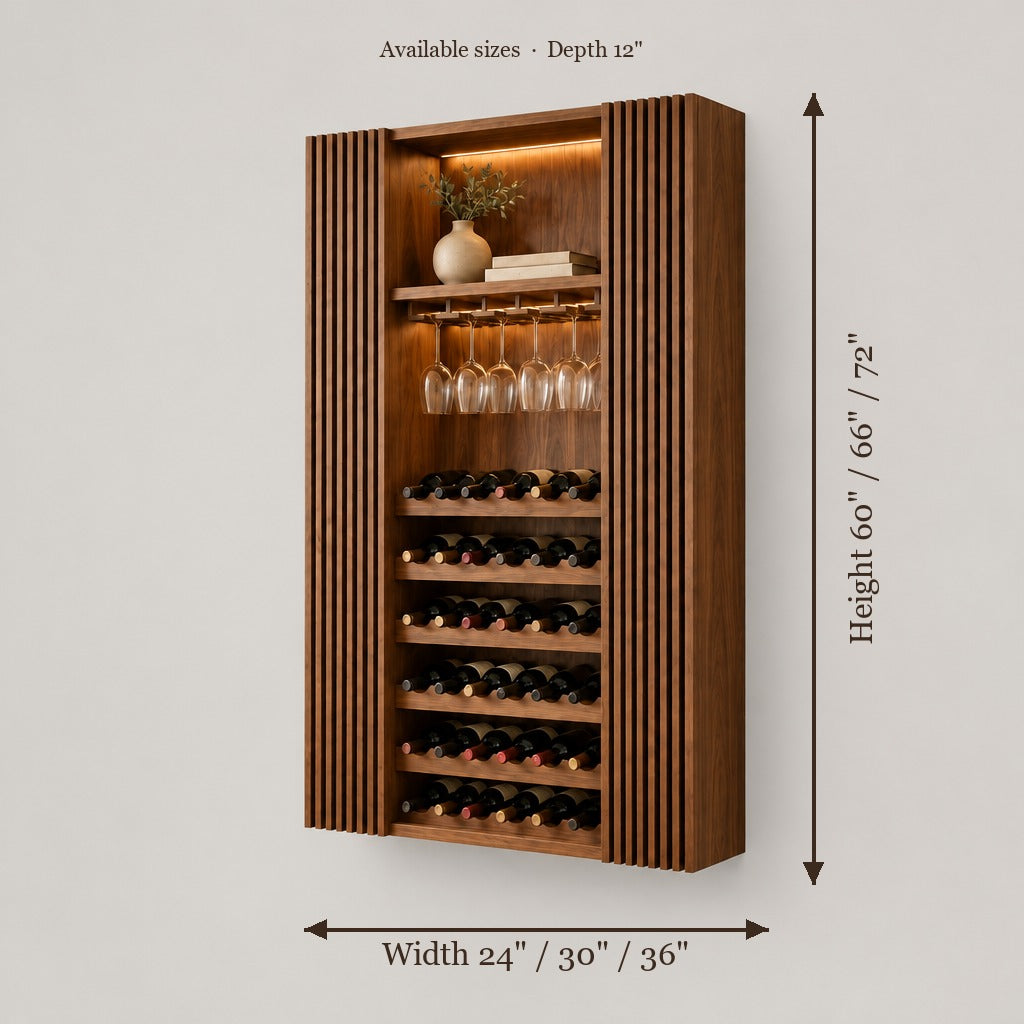 Halden Slatted Wine Cabinet with Light size chart
