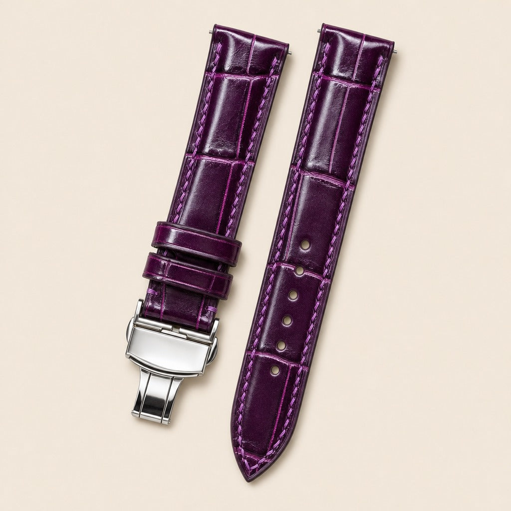Purple Alligator Leather Watch Strap leather watch strap, flat lay