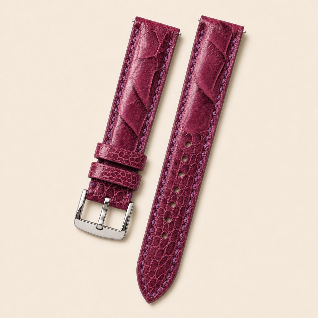 Purple Ostrich Leather Watch Strap leather watch strap, flat lay