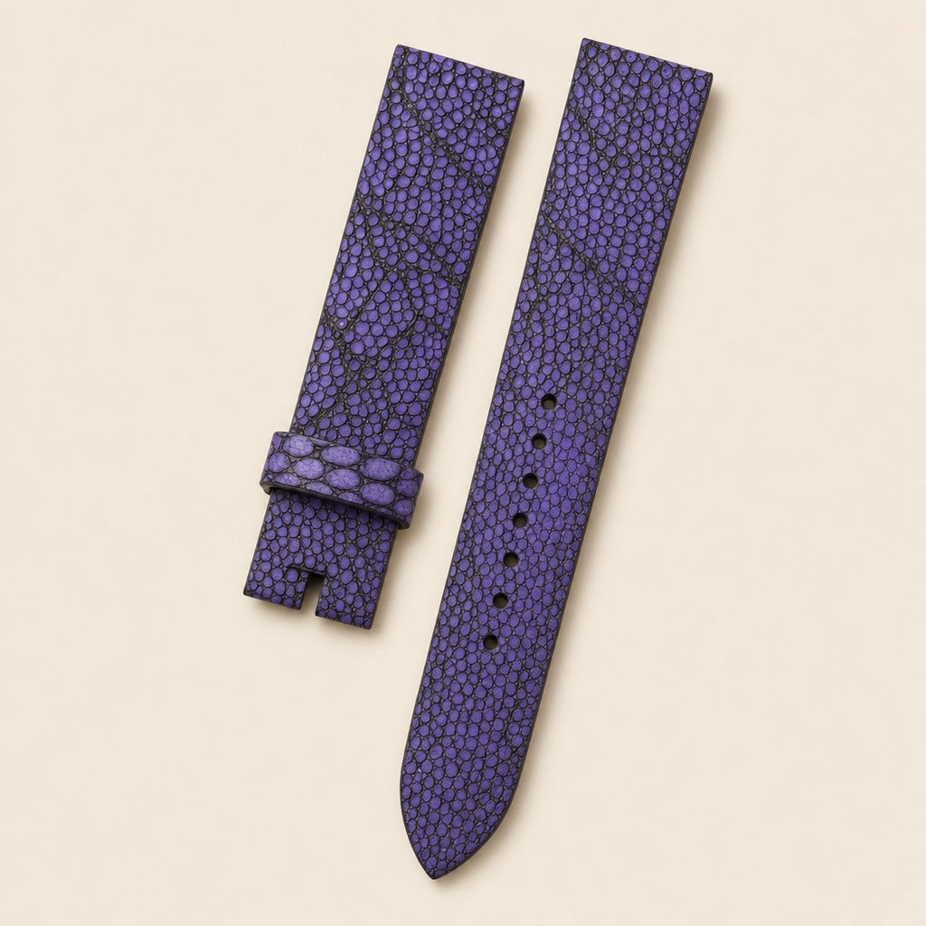 Purple Ostrich Leg Leather Watch Strap leather watch strap, flat lay