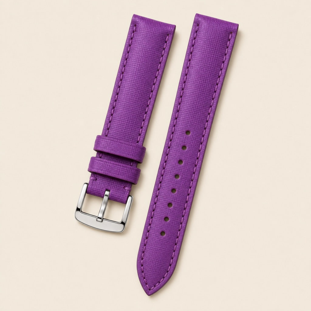 Purple Saffiano Leather Watch Strap leather watch strap, flat lay