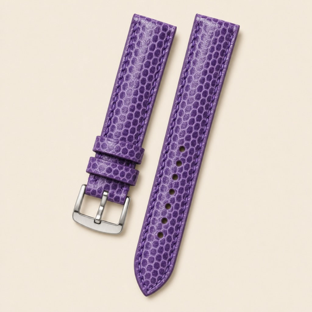 Purple Sea Snake Leather Watch Strap leather watch strap, flat lay