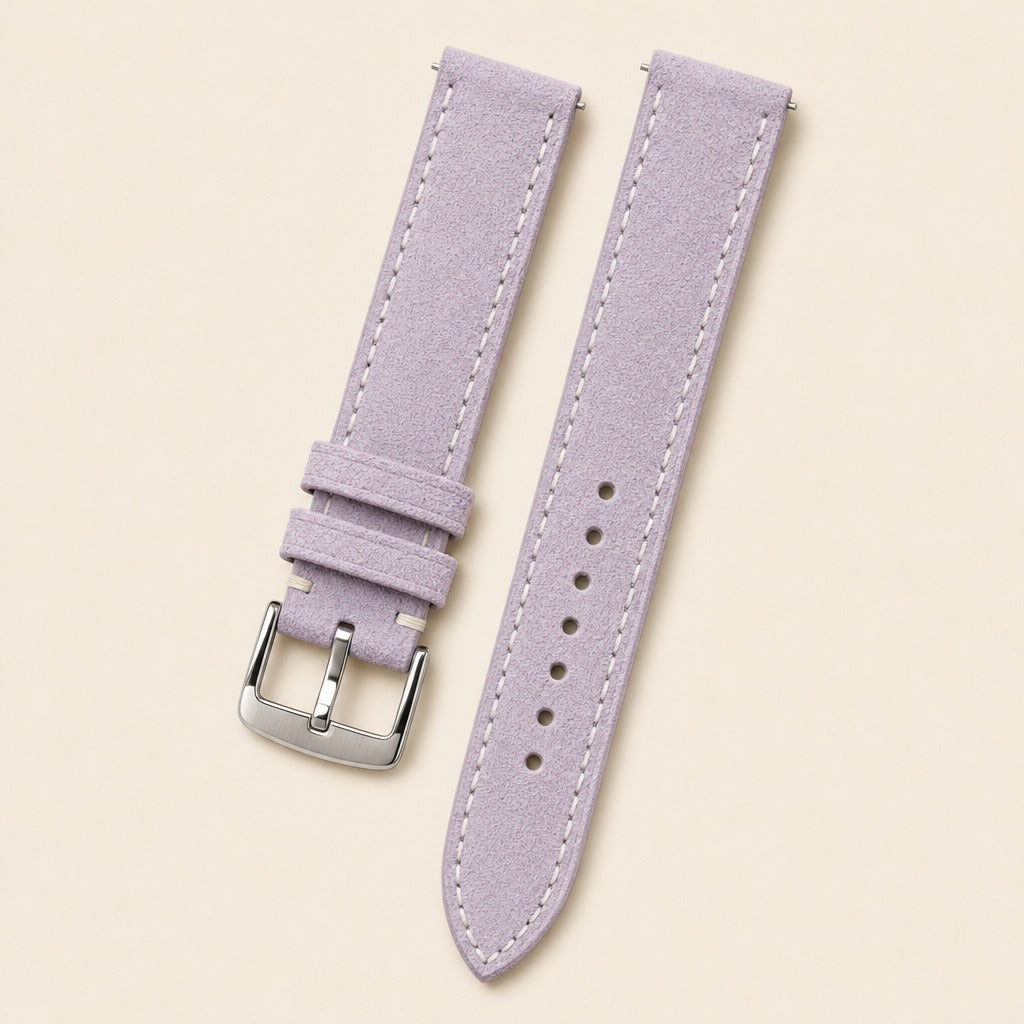 Purple Suede Leather Watch Strap leather watch strap, flat lay