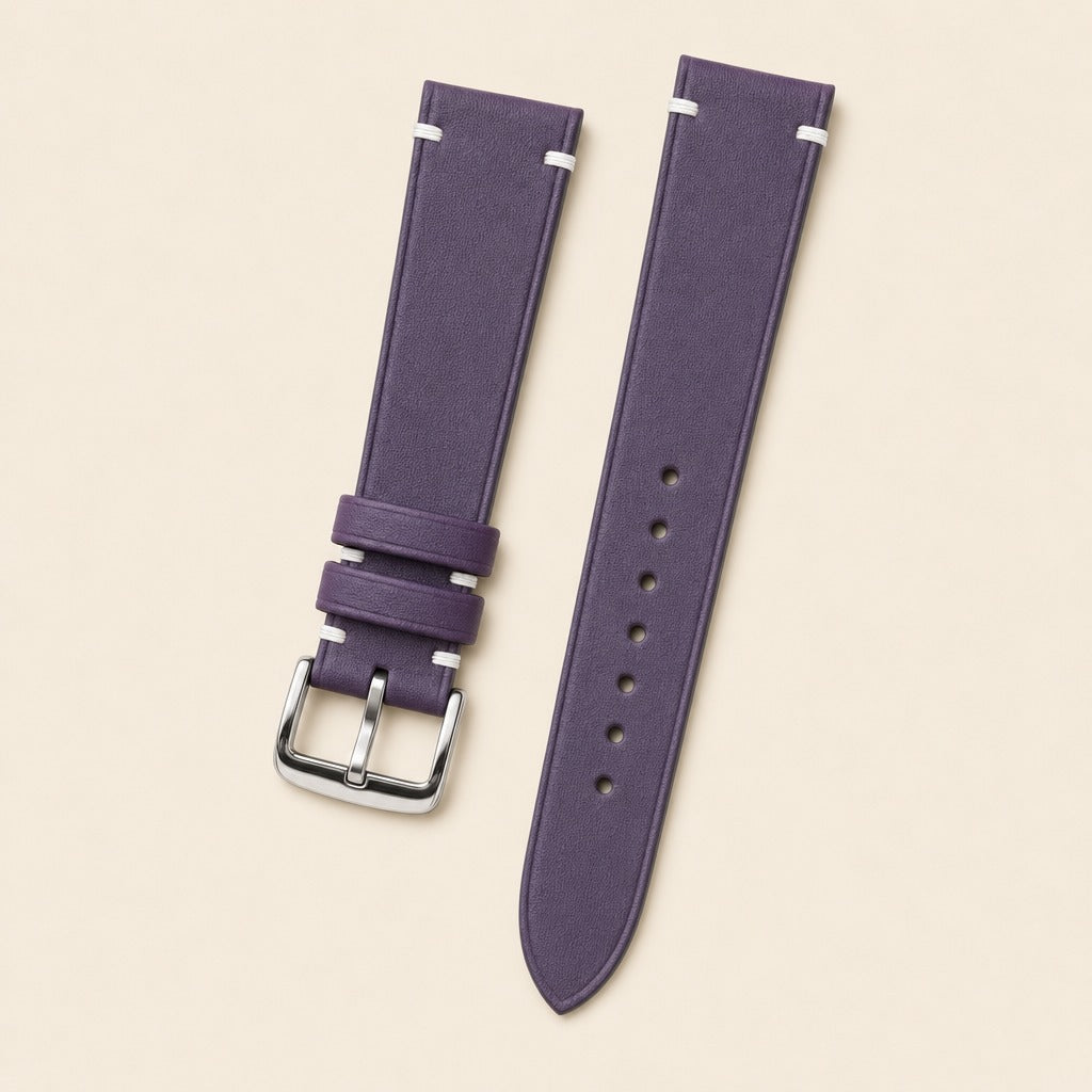 Purple Swift Leather Watch Strap leather watch strap, flat lay