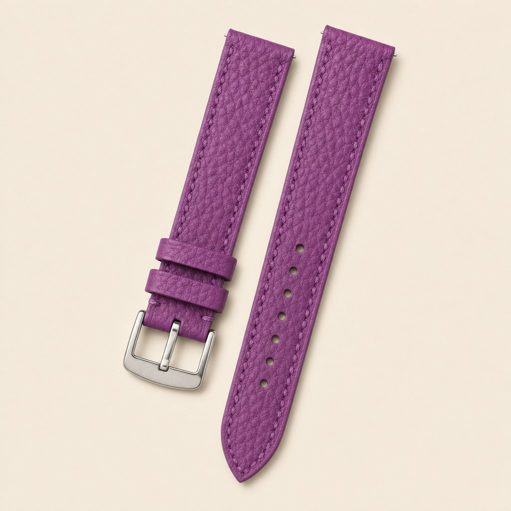 Purple Togo Leather Watch Strap leather watch strap, flat lay