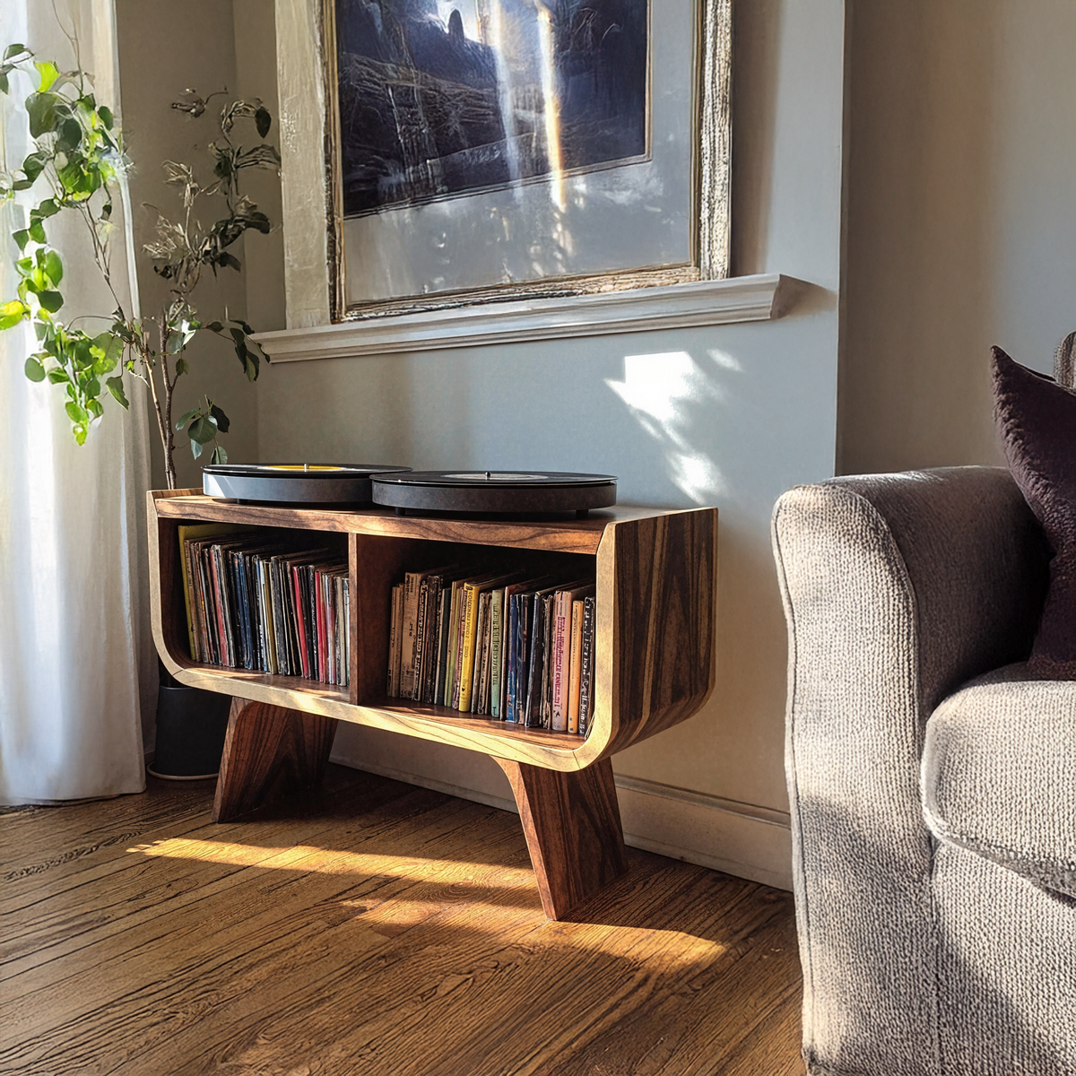 Minimalist Low Wood Record Player Stand for Living Room - view 2