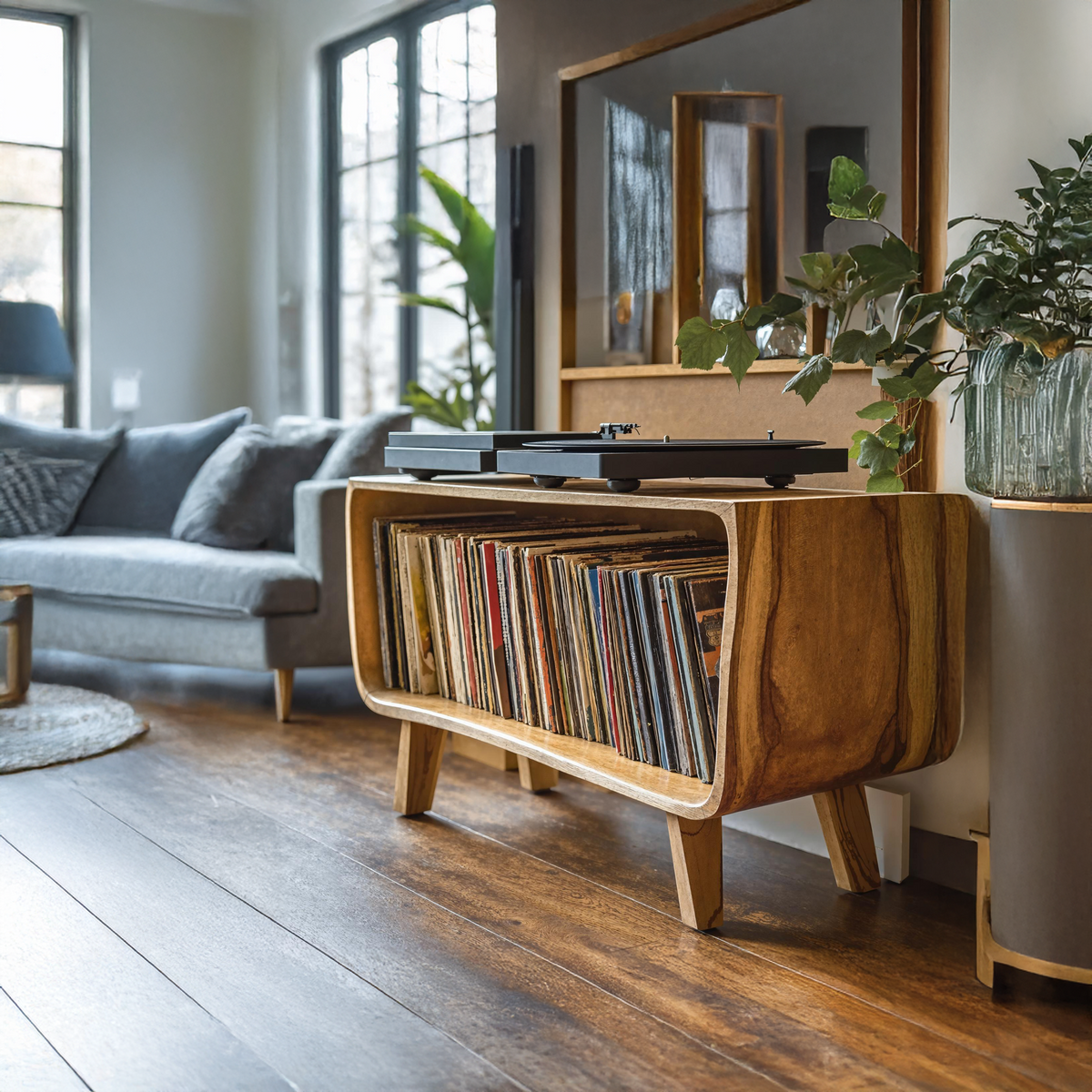 Solid Wood Record Player Stand with Open Vinyl Storage - view 2