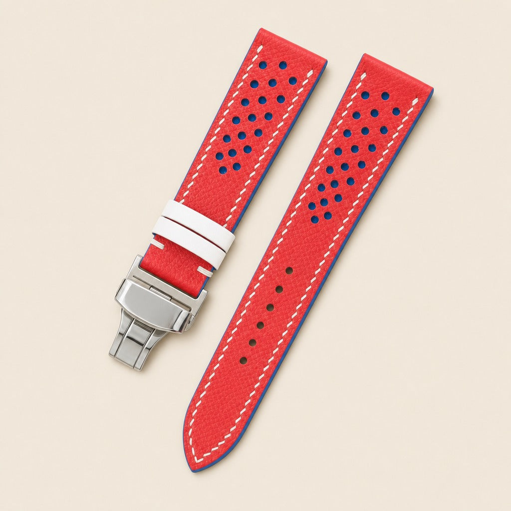 Red & Black Rally Racing Epsom Leather Watch Strap leather watch strap, flat lay