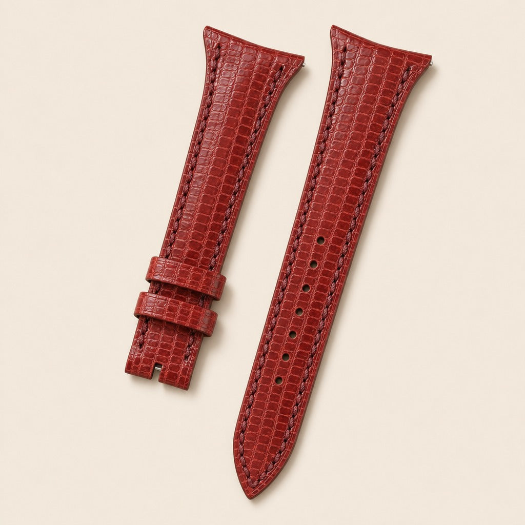 Red Lizard Wings Cut Leather Watch Strap leather watch strap, flat lay