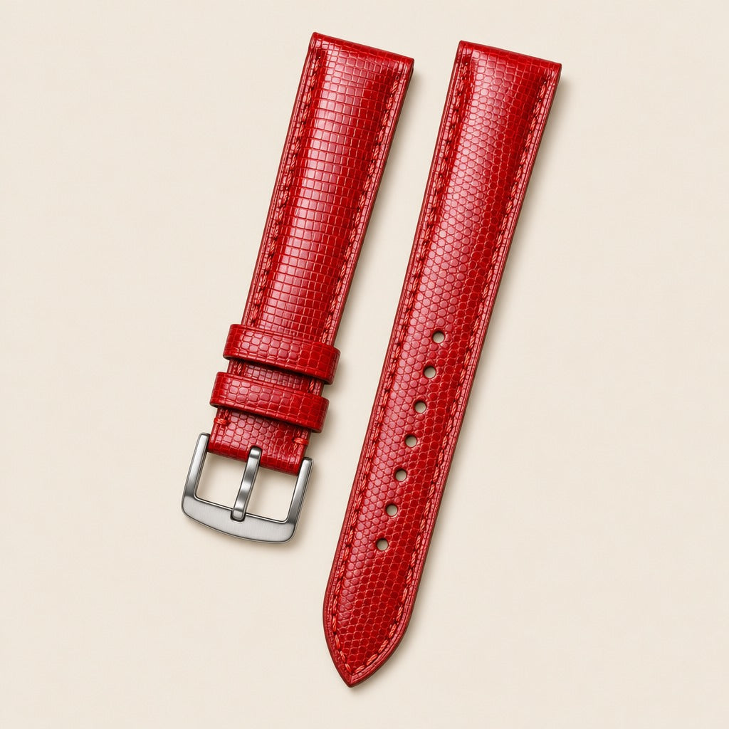 Red Oxblood Lizard Leather Watch Strap leather watch strap, flat lay