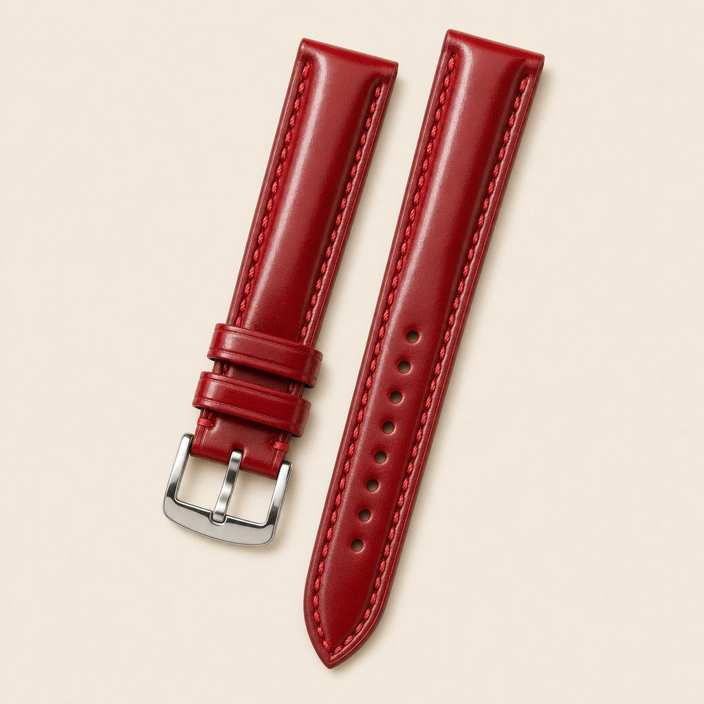 Red Shell Cordovan Leather Watch Strap leather watch strap, flat lay