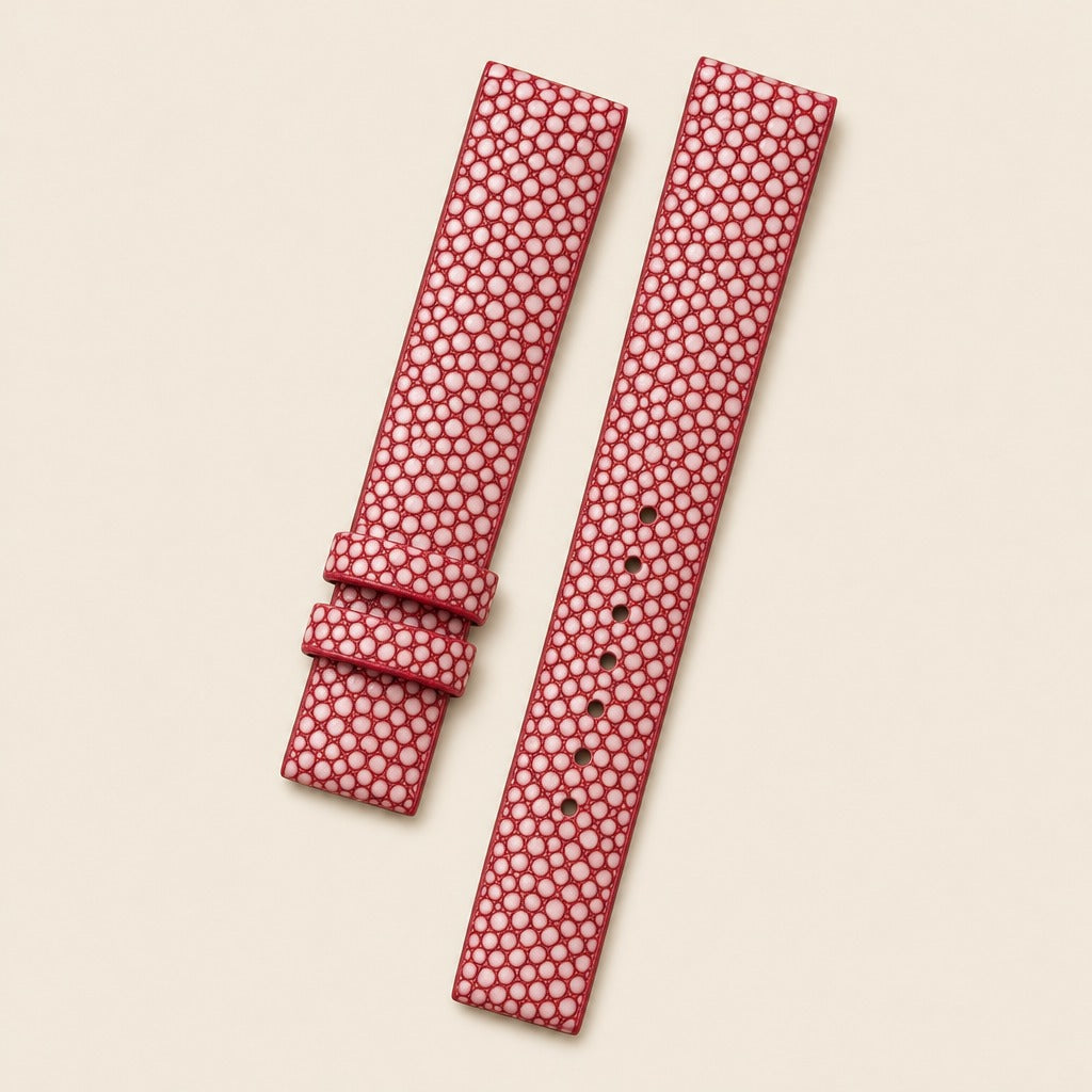 Red Stingray Leather Watch Strap leather watch strap, flat lay