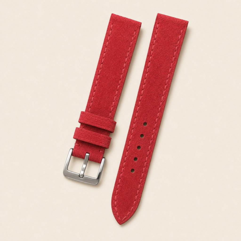 Red Suede Leather Watch Strap leather watch strap, flat lay