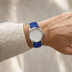 Royal Blue Ostrich Leg Leather Watch Strap worn on the wrist