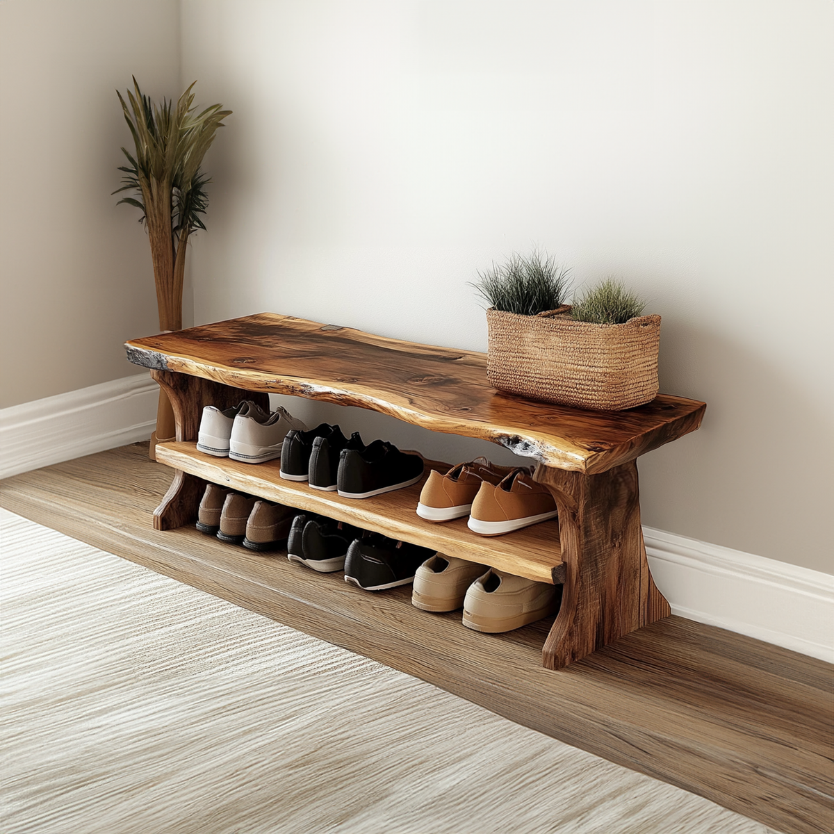 Farmhouse Solid Wood Entryway Shoe Bench with Live Edges