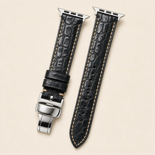 Silver & Gray Alligator Leather Watch Strap leather watch strap, flat lay