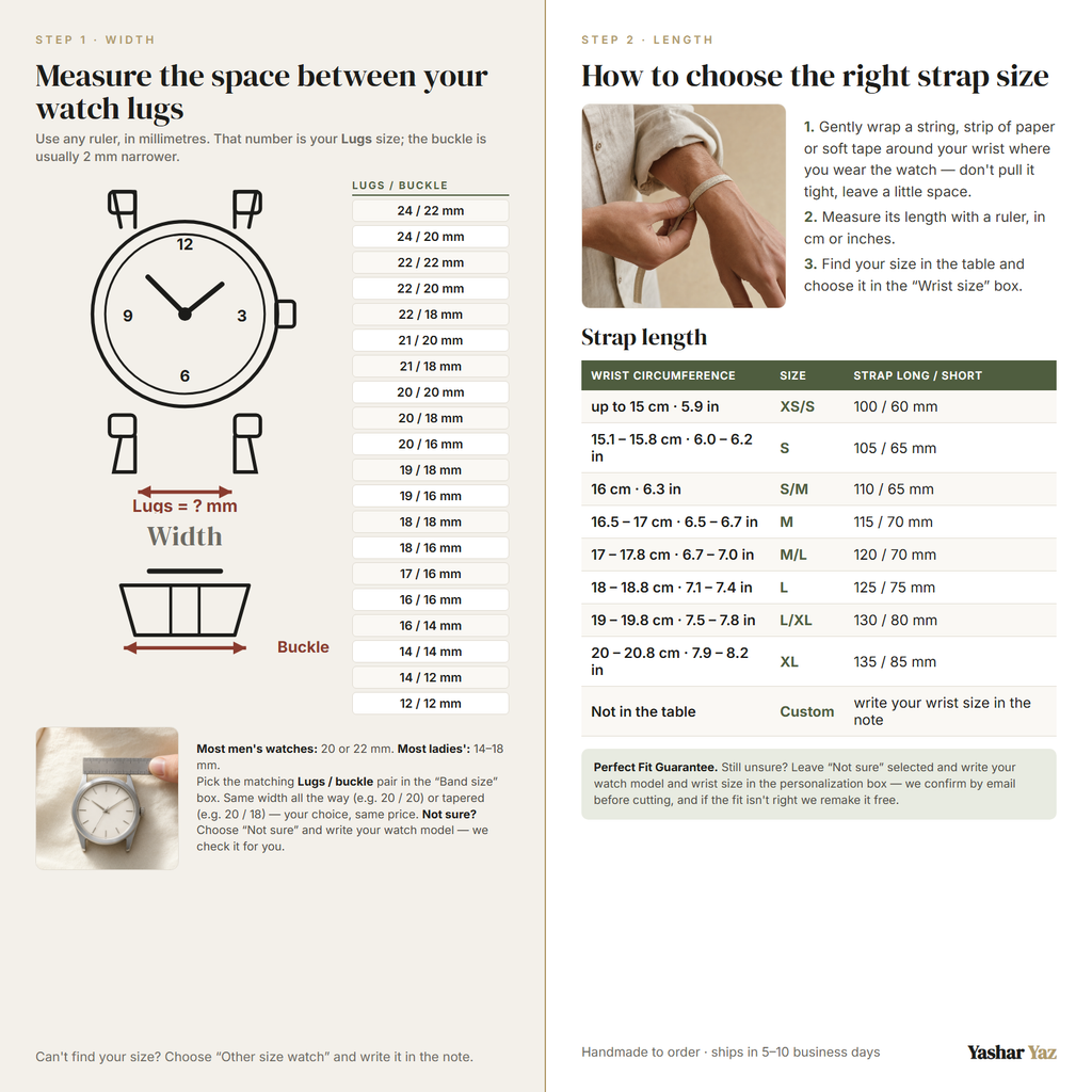 Size guide: how to measure lug width and your wrist, strap length table