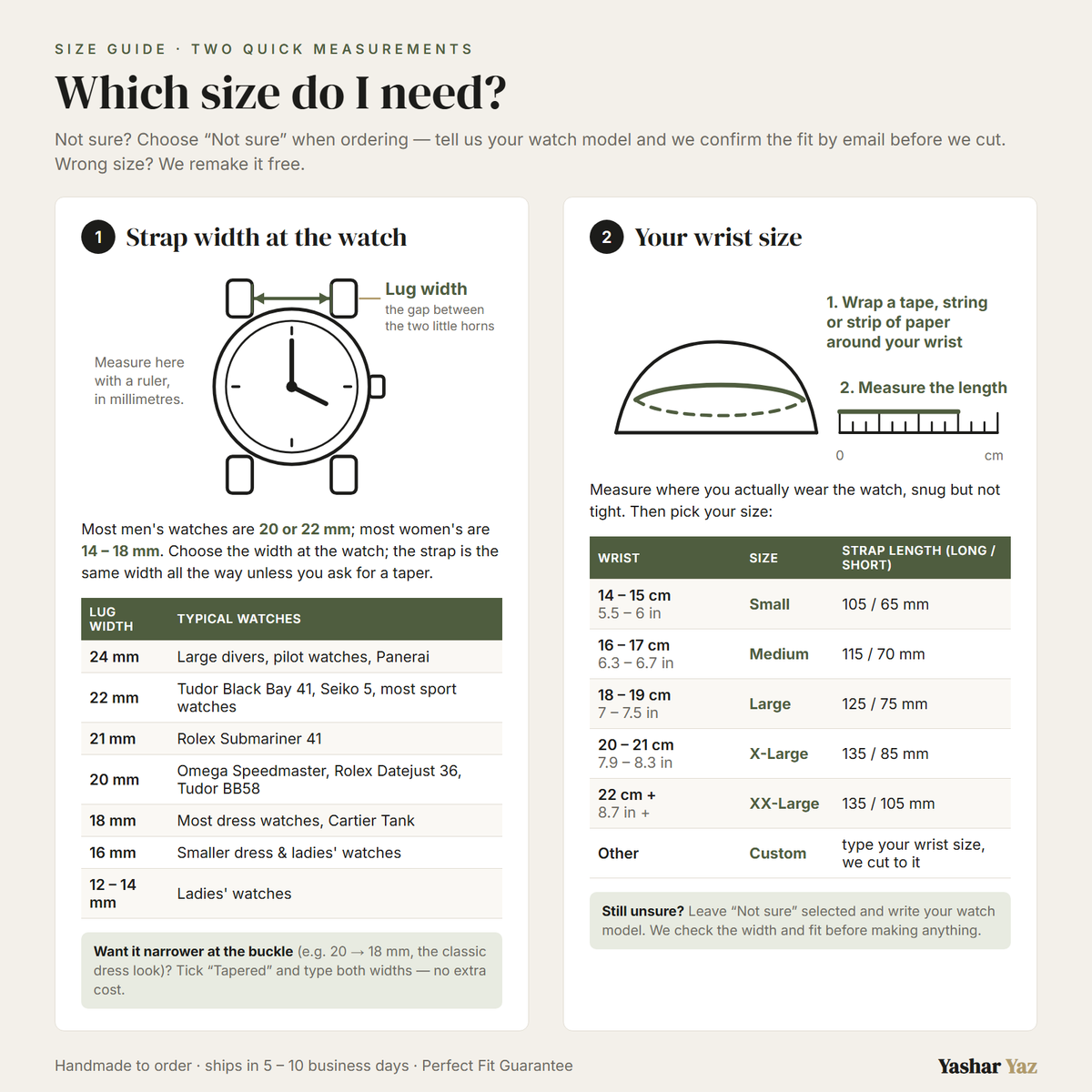 Size guide: how to measure lug width and your wrist, strap length table
