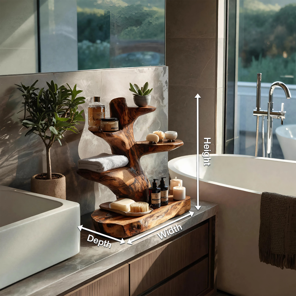 Modern Organic Solid Wood Countertop Bathroom Shelf with Tiers - view 8